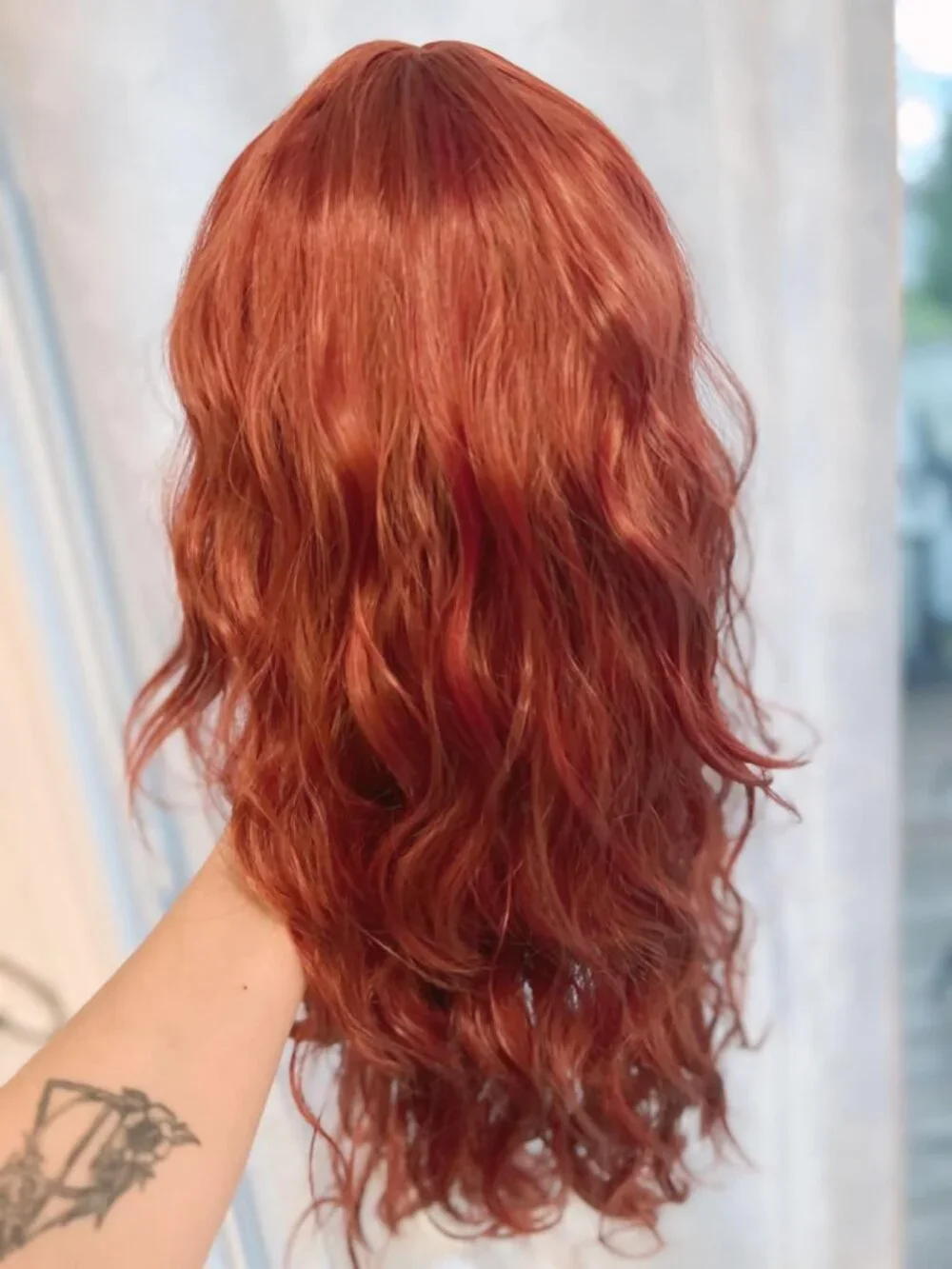 Women's 26 Inch Copper Red Wavy Layered Wig Curtain Bang Butterfly Haircut Style